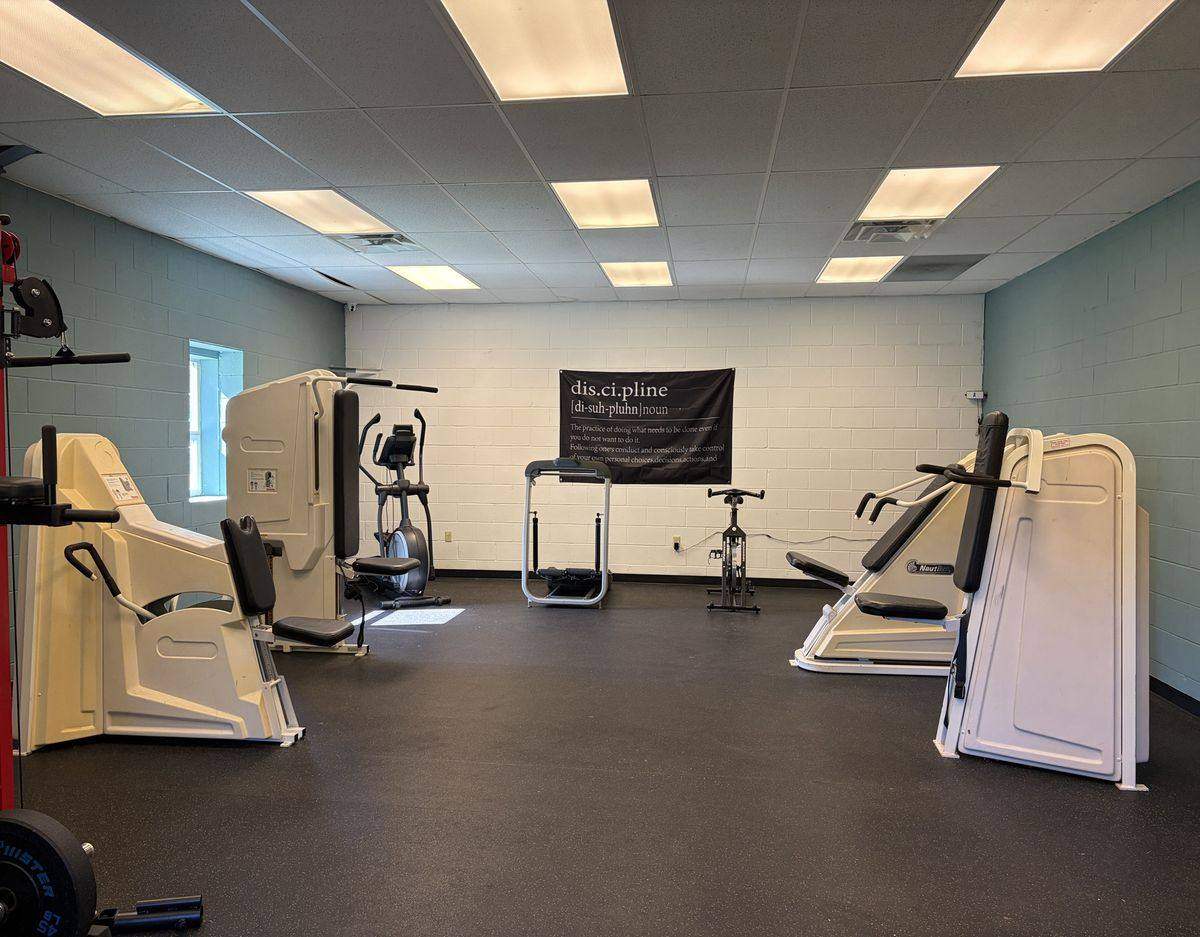 The indoor gym, with strength machines, free weights and cardio equipment