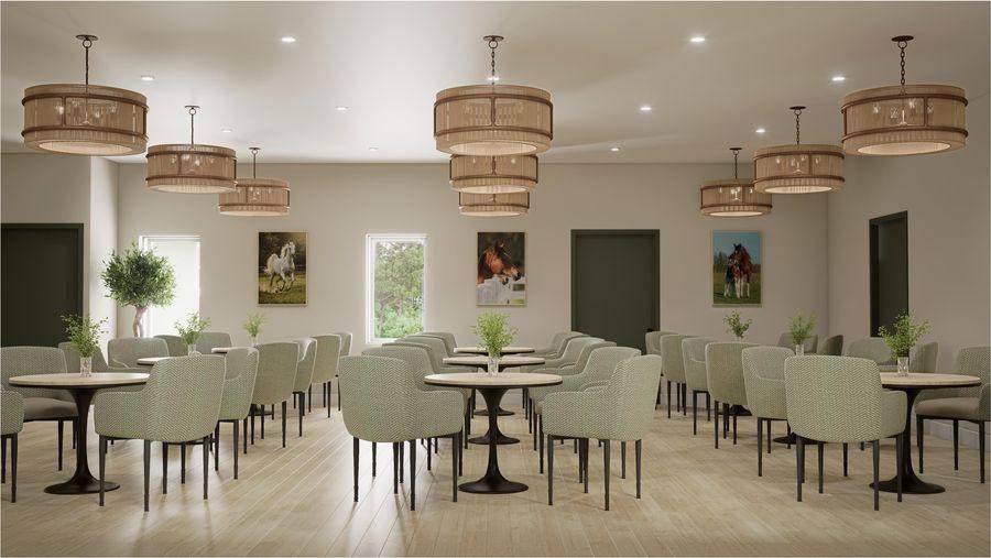 The dining hall, with long tables and chairs set for a meal